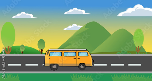 Illustration van of scenery on a road trip on a cloudy evening mountain