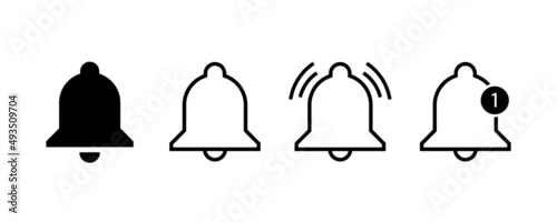 Notification bell icons set. Alarm, inbox message, ringing bell, new message symbol. Social media element. Stock vector.