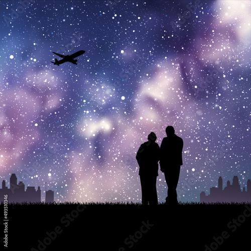 Old people and aircraft at night. Seniors outline at park. Milky Way