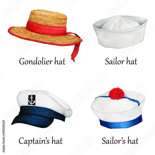 watercolor hand drawn of sailor hats set