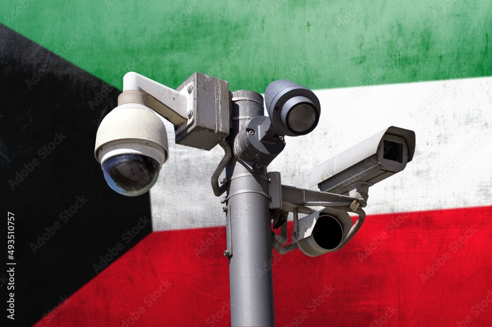 Closed circuit camera Multi-angle CCTV system against the background of the national flag of Kuwait.