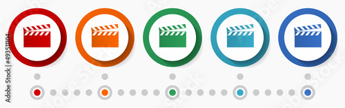 Play video, cinema concept vector icon set, flat design colorful buttons, infographic template in 5 color options