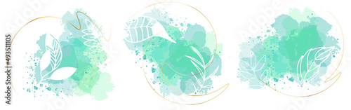 Flower branch and minimalistic plant set. Hand drawn lines, elegant leaves for your own design. Botanical, chic and trendy plants with watercolor splashes and gold ribbons.