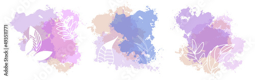 Flower branch and minimalistic plant set. Hand drawn lines, elegant leaves for your own design. Botanical, chic and trendy plants with watercolor splashes.