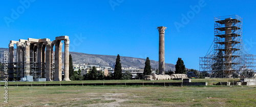 The Temple of Olympian Zeus also known as the Olympieion with ongoing maintenance works. Is a former colossal temple at the center of Athens, Greece © thanasis