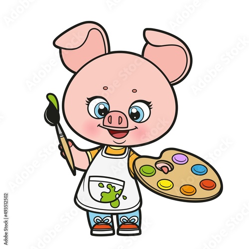 Cute cartoon piggy artist in an apron holds palette and brush color variation for coloring page on a white background