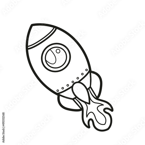 Space rocket in flight outlined for coloring page on a white background