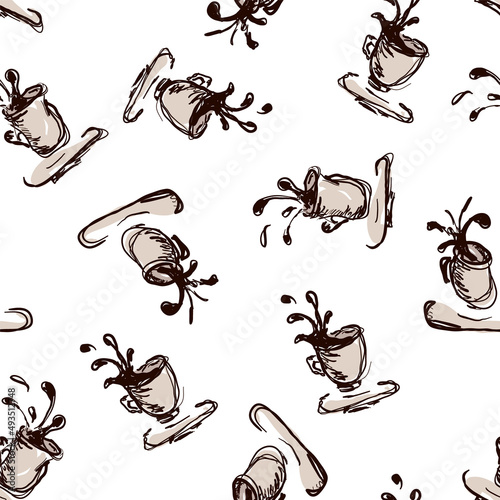 Seamless pattern with flying coffee cups. Hand drawing cartoon texture. Isolated