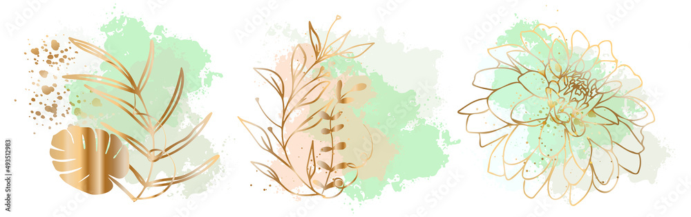 Set of floral frames with different grasses, ferns and leaves. Flowers with ornaments and gold glitter effects. Element design. Vector illustration with colorful watercolors and gold. Hand drawn lines