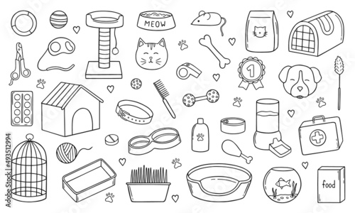 Hand drawn set of Pets shop and veterinary doodle. Supplies and accessories for dogs and cats in sketch style: bowl, toys, collar, food, kennel. Vector illustration isolated on white background.