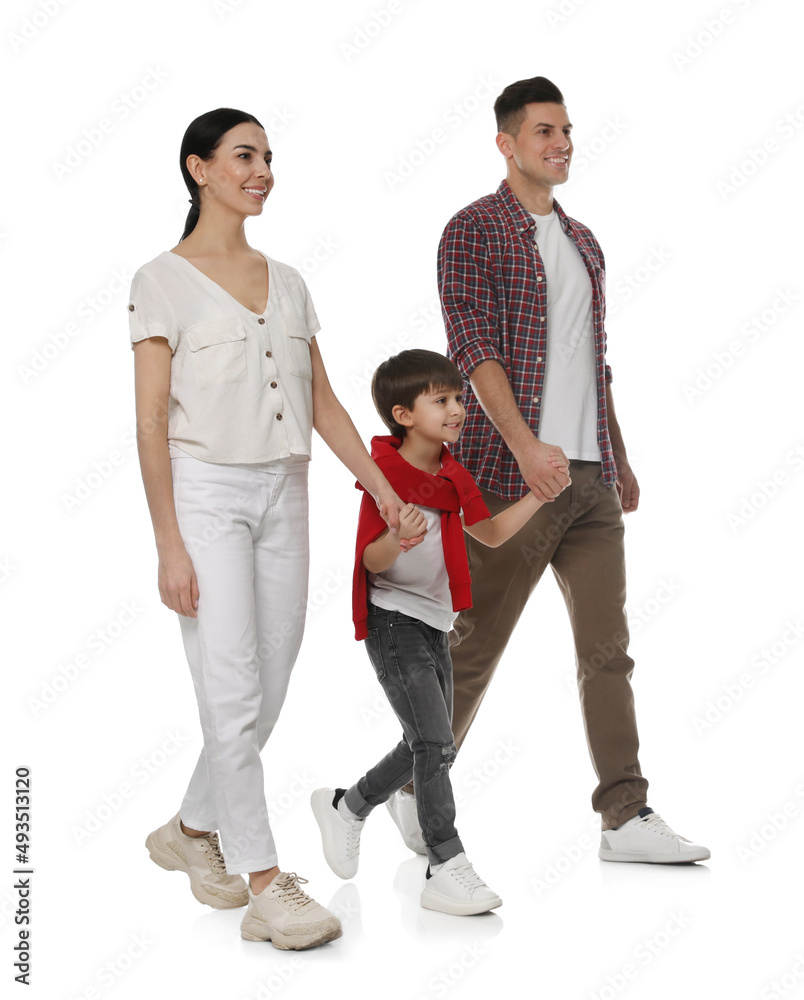 Little boy with his parents together on white background Little boy with his parents together on white background