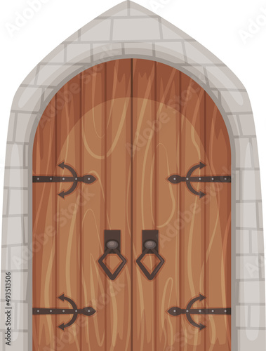 Cartoon medieval castle entrance gates and dungeon door. Old wooden doors with stone surround, ancient castles doorway or gate vector set. Fairytale gothic arch doors for historic building
