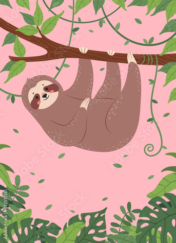 Cartoon sloth card, happy sloths sleeping or hanging from tree. Cute posters with sleepy lazy animal characters and funny phrases vector set. Congratulation birthday text greeting cards