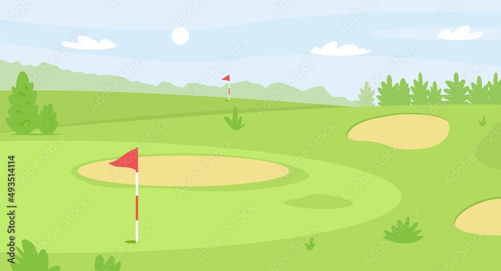 Summer golf course landscape, green grass field for golfing. Red flag and hole, fairway and sand bunkers, golf scene vector illustration. Lawn for outdoor sport and leisure activity