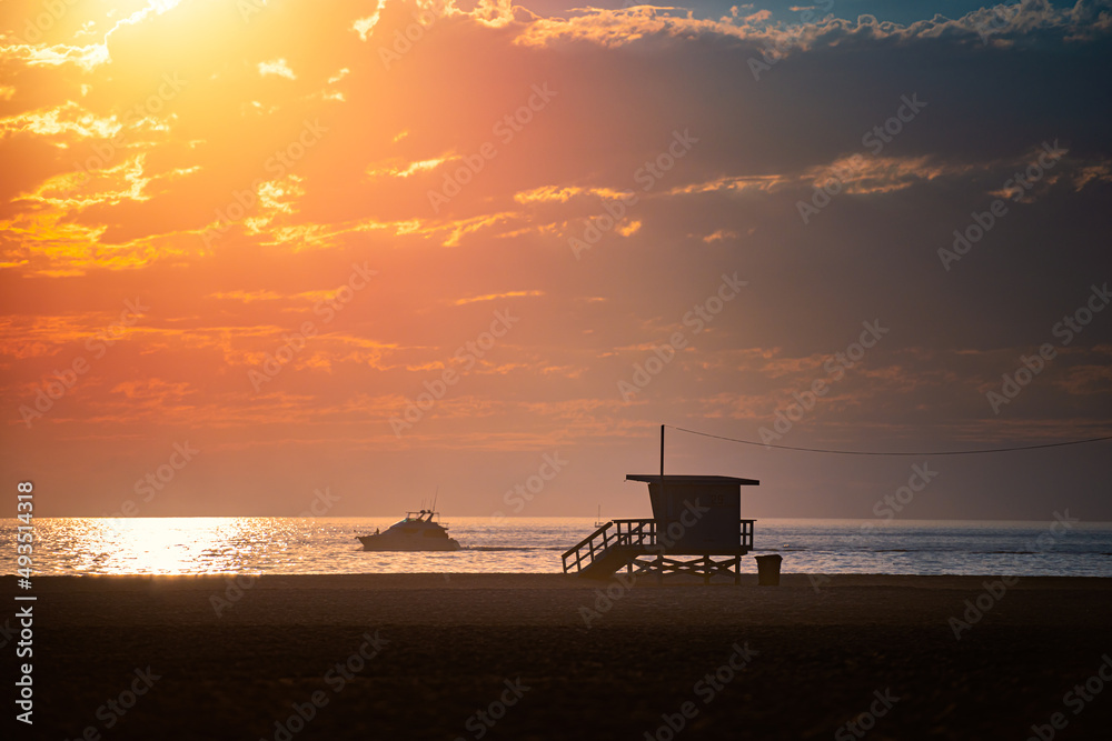 Lifeguard crew and cabin on beach in Santa Monica