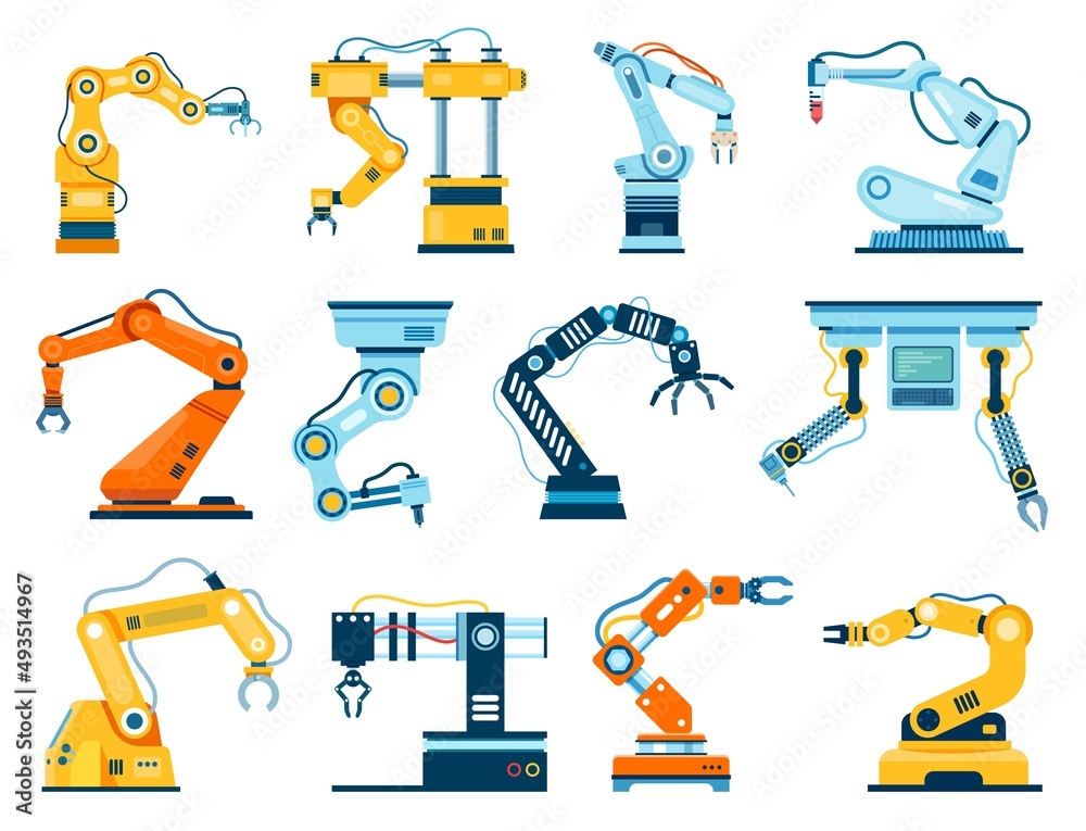 Industrial robot arm manipulators, industrial robotic hand machines. Factory automated arms robots, assembly line machinery vector set. Innovative equipment for production or manufacturing