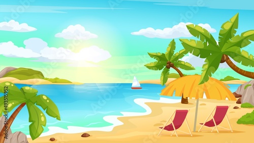 Sunny tropical beach landscape with palms  sea and sun umbrella. Summer holiday vacation on exotic island  seashore scene vector illustration. Outdoor resort  cartoon seaside relaxation