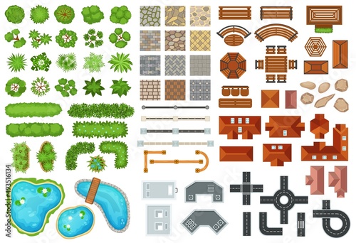 Top view city elements, trees, roads, buildings, houses, pavements. Town street architecture, furniture, plants for park landscape vector set. Outdoor items for city plan, yard project