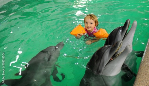 a little girl with dolphins swims in orange sleeves in clear water. High quality photo