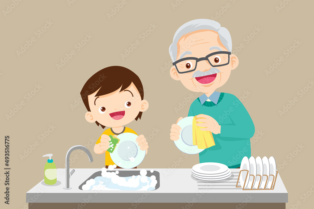cute little boy washing dish with grandfather cute little boy washing dish with grandfather