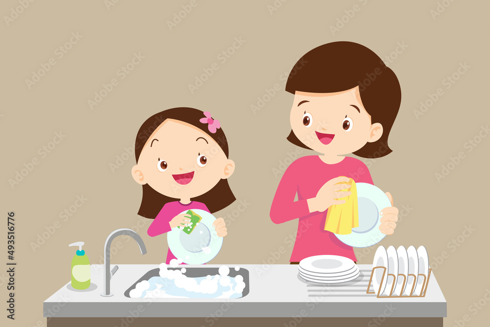 cute little girl washing dish with mother cute little girl washing dish with mother