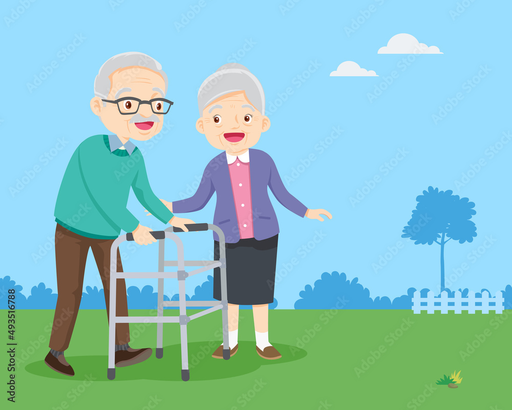 elderly woman taking care of an elderly man physical therapy in the park