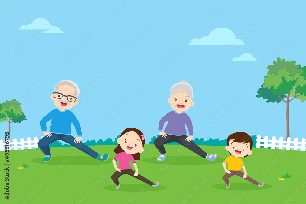 Elderly and kids doing exercises