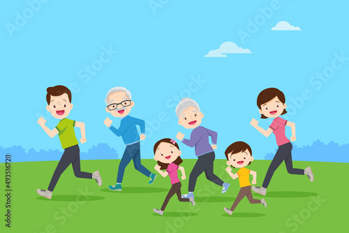 big family jogging and exercising together