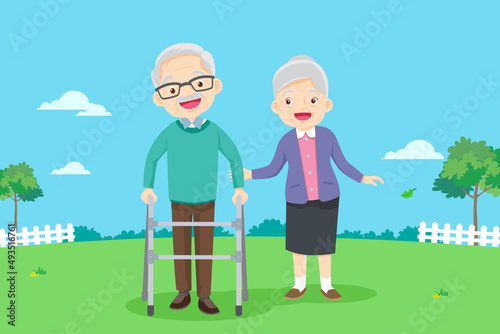 cute elderly woman taking care elderly man physical therapy in the park