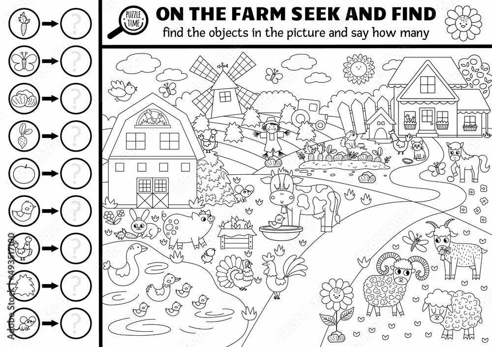 Vector black and white farm searching game with rural countryside landscape. Spot hidden objects, say how many. Simple on the farm seek and find and counting activity or coloring page.