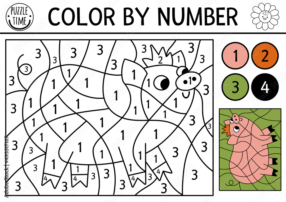 Vector on the farm color by number activity with pig. Rural country scene black and white counting game with farm animal. Funny simple coloring page for kids with countryside scene.