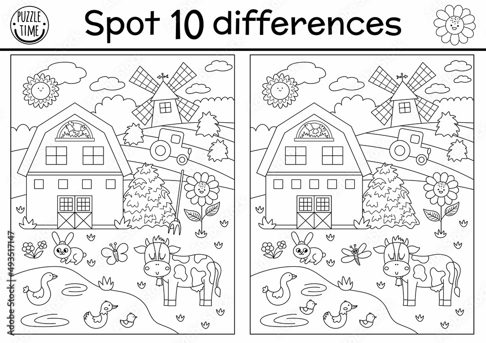 On the farm black and white find differences game for kids. Educational line activity with cute rural village landscape. Countryside scene puzzle or coloring page with field, barn, animals
