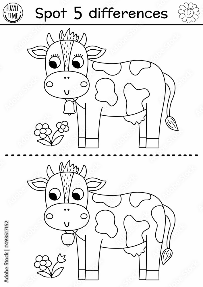 On the farm black and white find differences game for children. Educational line activity with cute cow and flower. Rural country puzzle with funny farm animal. Attention skills coloring page. On the farm black and white find differences game for children. Educational line activity with cute cow and flower. Rural country puzzle with funny farm animal. Attention skills coloring page.