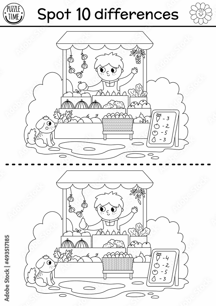 On the farm black and white find differences game for children. Educational  line activity with cute market vendor selling fruit in the stall. Rural  country puzzle. Attention skills coloring page. Stock Vector