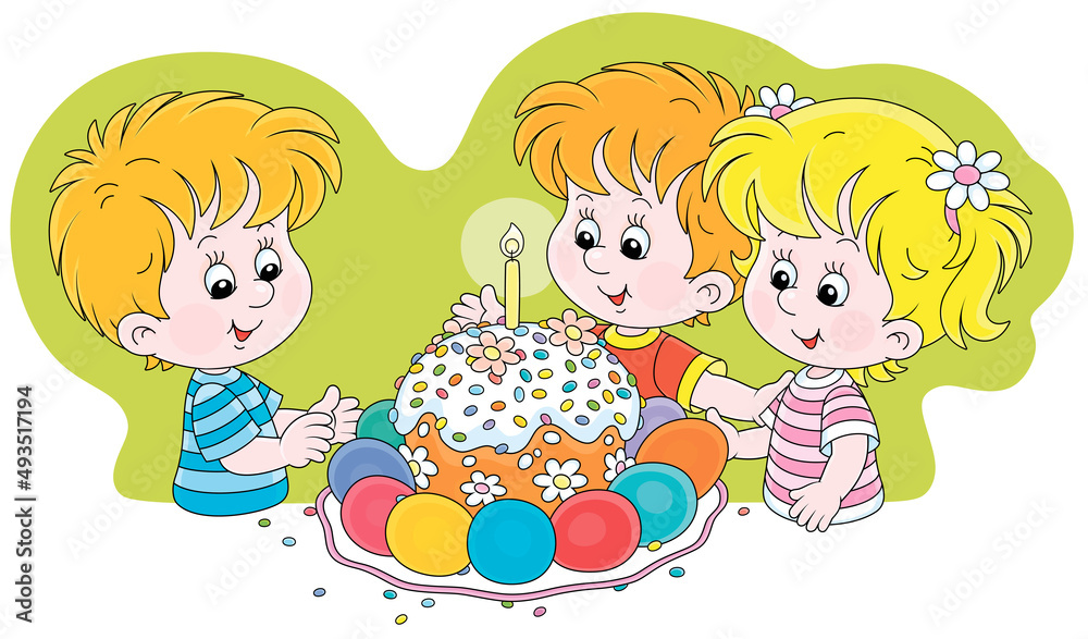 Happy little kids, a traditional holiday cake and colorfully painted Easter eggs, vector cartoon illustration isolated on a white background Happy little kids, a traditional holiday cake and colorfully painted Easter eggs, vector cartoon illustration isolated on a white background