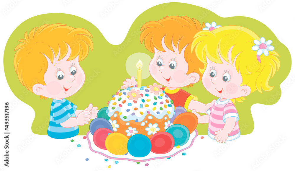 Happy little kids, a traditional holiday cake and colorfully painted Easter eggs, vector cartoon illustration isolated on a white background Happy little kids, a traditional holiday cake and colorfully painted Easter eggs, vector cartoon illustration isolated on a white background