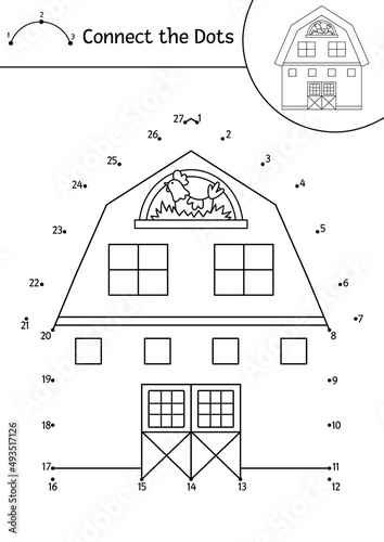Vector dot-to-dot and color activity with cute barn house. On the farm connect the dots game for children with funny shed. Rural country coloring page for kids. Printable worksheet.