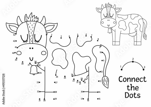Vector dot-to-dot and color activity with cute cow. On the farm connect the dots game for children with funny farm animal. Rural country coloring page for kids. Printable worksheet.