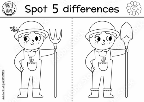 On the farm black and white find differences game for children. Educational line activity with cute farmer boy. Rural country puzzle with funny worker. Attention skills coloring page.