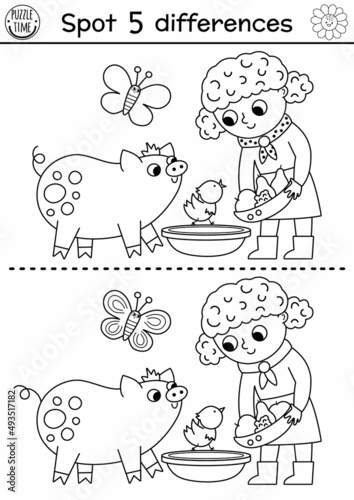 On the farm black and white find differences game for children. Educational line activity with cute girl feeding pig. Rural country puzzle or coloring page with funny animals and farmer