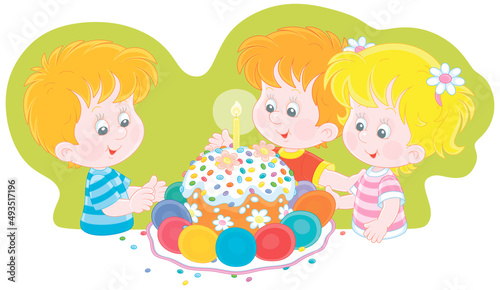 Happy little kids, a traditional holiday cake and colorfully painted Easter eggs, vector cartoon illustration isolated on a white background