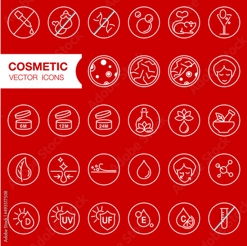 Face and body cosmetic care icons. Thin line icon set. Editable strokes, EPS 10, vector. All skin types and cosmetic manipulation symbols. (ID: 493517508)
