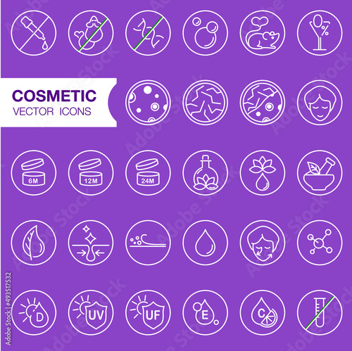 Face and body cosmetic care icons. Thin line icon set. Editable strokes, EPS 10, vector. All skin types and cosmetic manipulation symbols. (ID: 493517532)