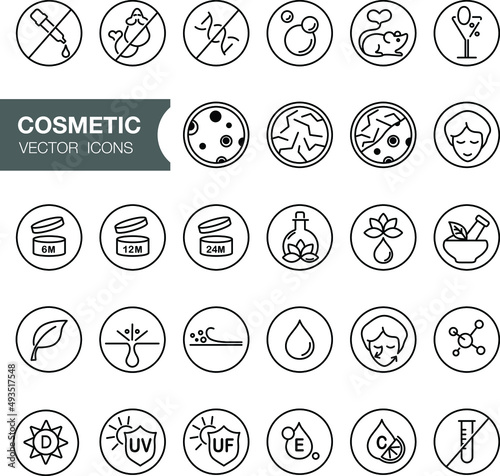 Face and body cosmetic care icons. Thin line icon set. Editable strokes, EPS 10, vector. All skin types and cosmetic manipulation symbols. (ID: 493517548)