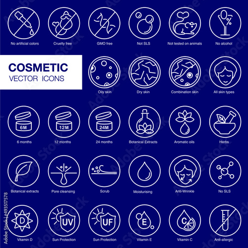 Face and body cosmetic care icons. Thin line icon set. Editable strokes, EPS 10, vector. All skin types and cosmetic manipulation symbols. (ID: 493517578)