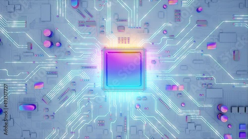 Central Computer Processors CPU concept. Motherboard digital chip. Technological and scientific bright background. Integrated communication processor. 3D animation