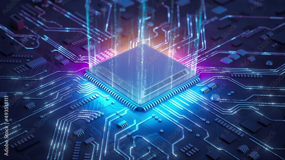 Central Computer Processors CPU concept. Motherboard digital chip. Technology science background. Integrated communication processor. 3D animation