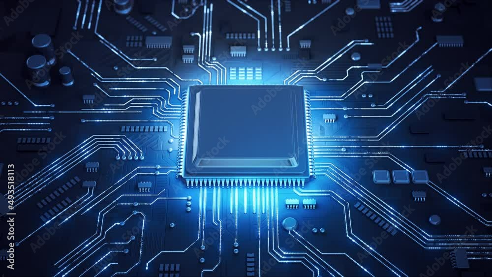 Central Computer Processors CPU concept. Motherboard digital chip. Technological and scientific blue background. Integrated communication processor. 3D animation