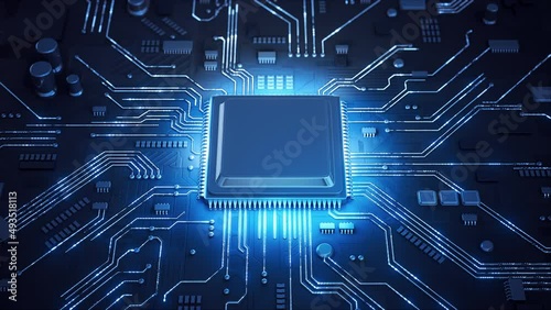 Central Computer Processors CPU concept. Motherboard digital chip. Technological and scientific blue background. Integrated communication processor. 3D animation photo