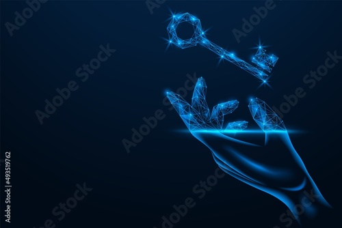 The door key is in hand. Access to digital technologies. Polygonal design of lines and dots. Blue background.